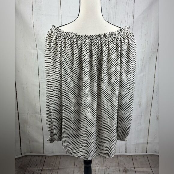 Max Studio Blouse Tie Neck Long Sleeve Ruched Cuff Geometric Polka Dot Boat Neck - Picture 2 of 8